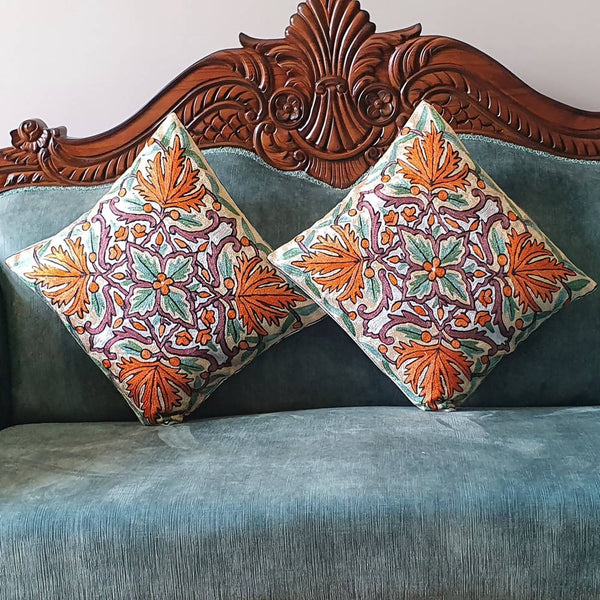 The Decor Nook Hand Embroidered Crewel Cushion Covers in Mustard & Chinar Leaf Motif with Teal Green Leaves - Distacart