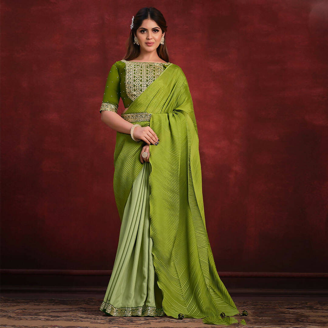 Green Crepe Silk Georgette Zari & Stone Work/ Texture Pallu Saree - Mohmanthan Kimiya - Distacart