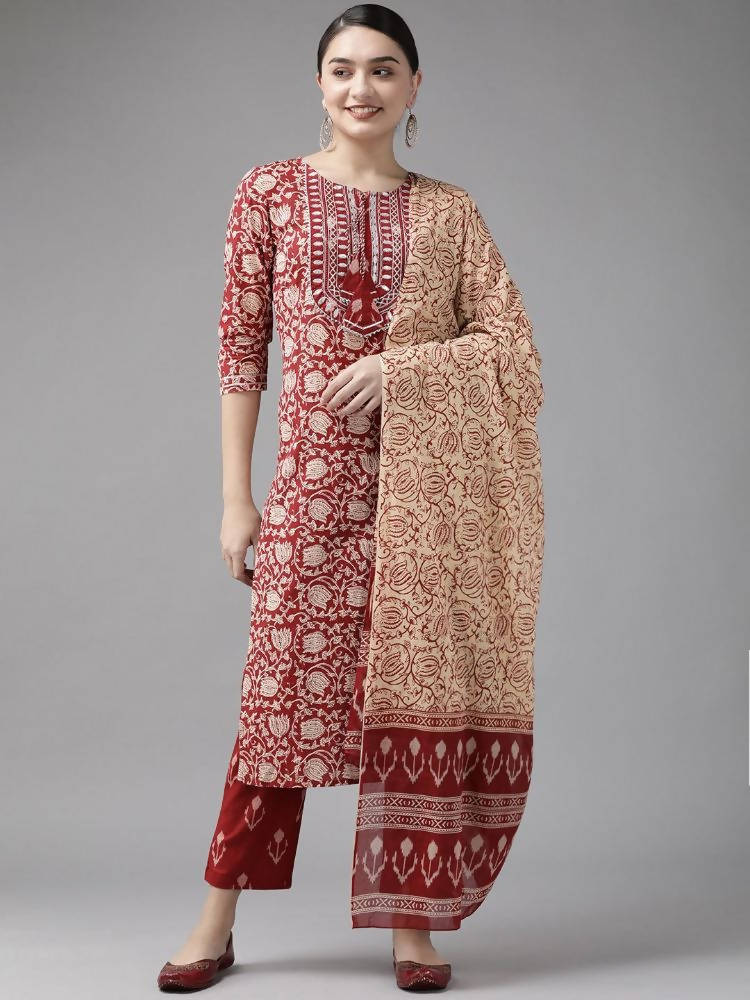 Yufta Maroon & Beige Ethnic Motifs Screen Print Cotton Straight Kurta Palazzo & Dupatta