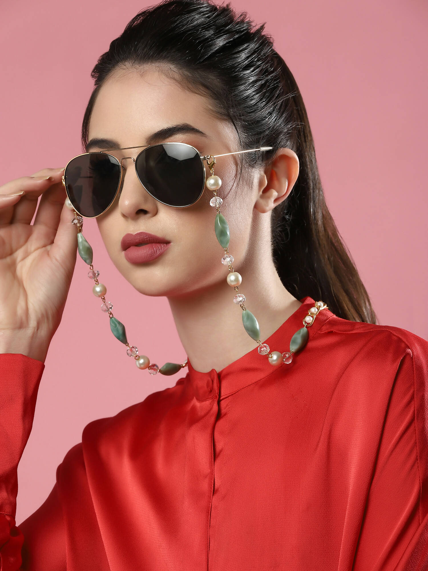 Gold-Toned Green Beaded Mask Chain - Ruby Raang - Distacart