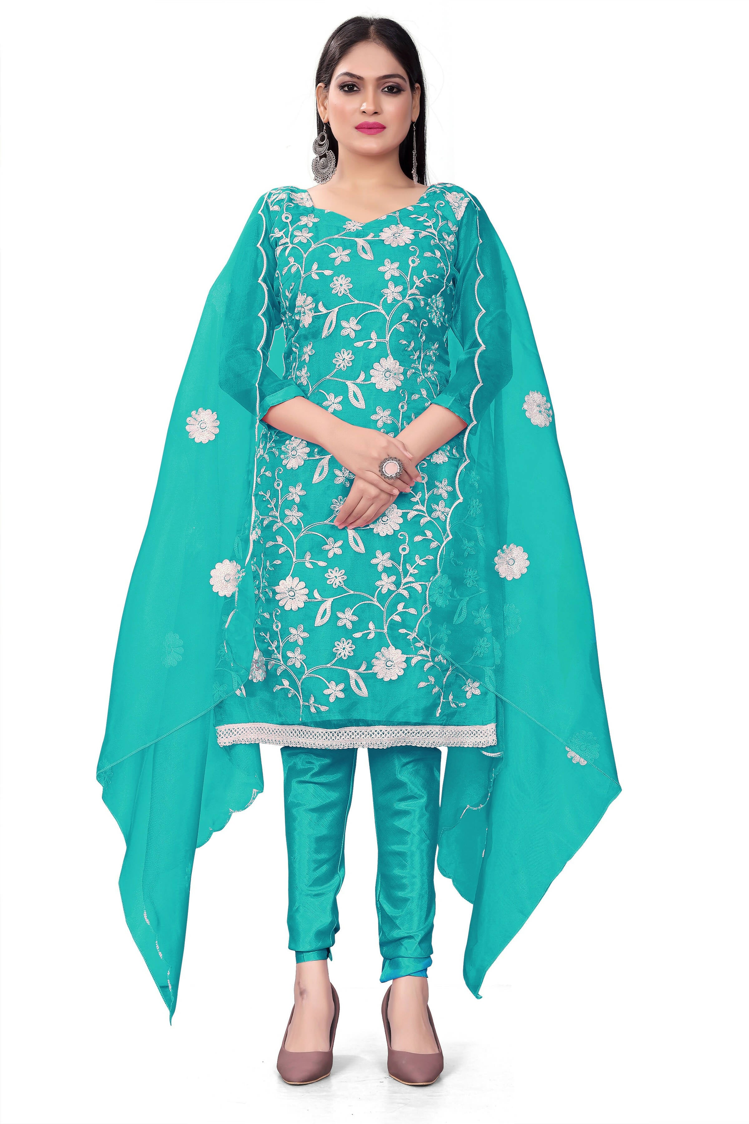 Sea Green Organza Silk Embroidered Work Unstitched Dress Material - Tanvi - Distacart