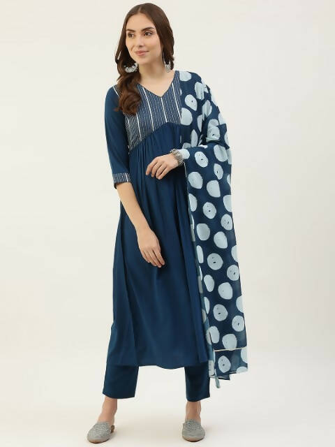 FIORRA Women's Turquise Poly Crepe Straight Kurta Pant With Dupatta - Distacart