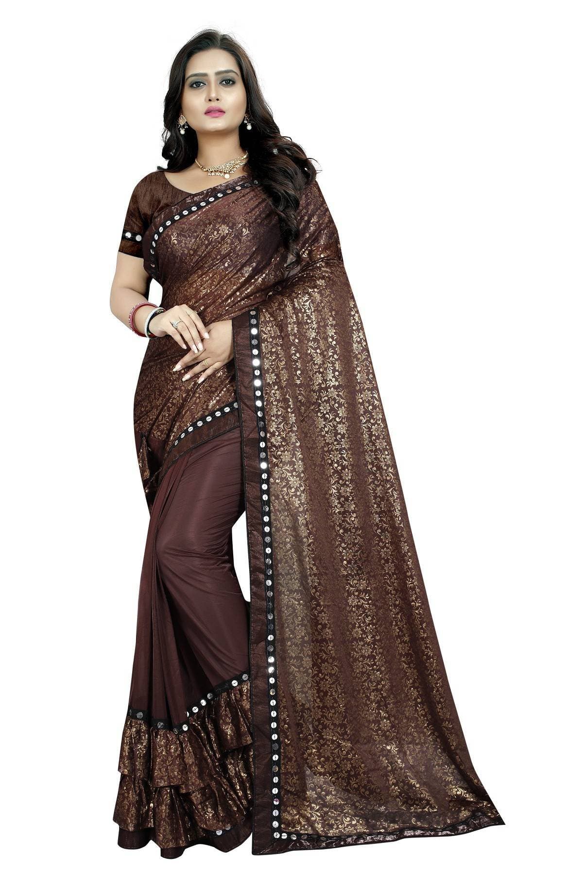 Vamika Brown Lycra Designer Beautiful Saree
