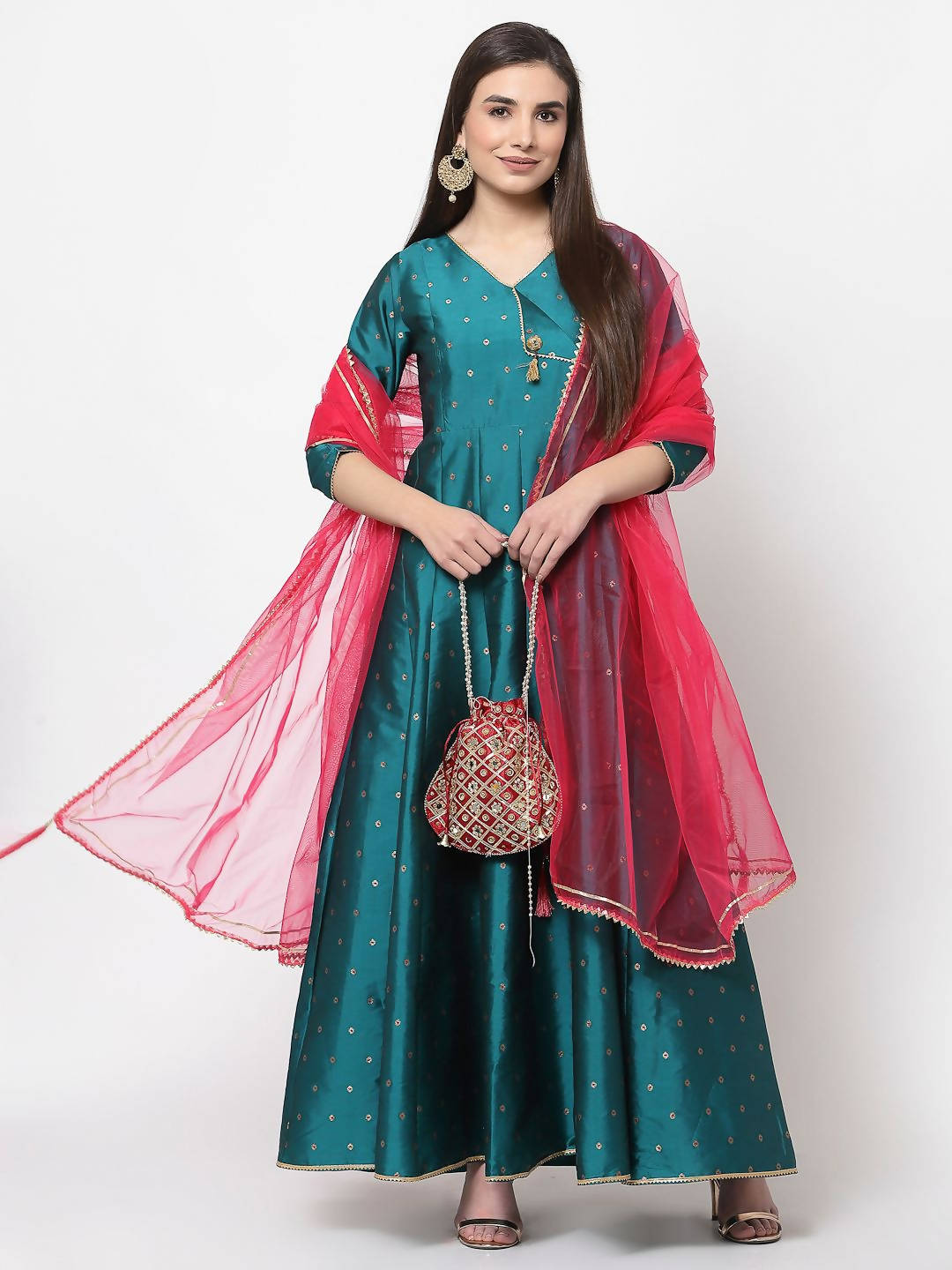 Myshka Green Silk Solid 3/4 Sleeve V Neck Casual Anarkali Kurta Dupatta Set