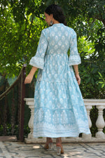 Thumbnail for Juniper Women's Skyblue Cambric Floral Printed Maxi Tiered Dress - Distacart