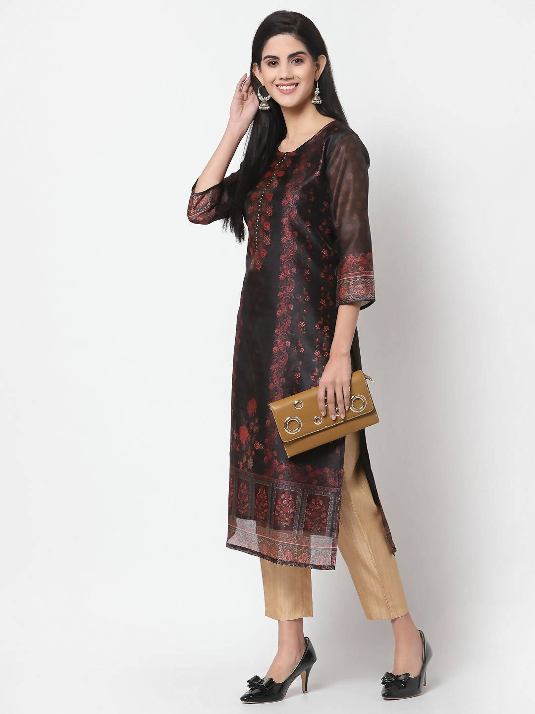 Myshka Multi Printed Chanderi Silk 3/4 Sleeve Round Neck Casual Kurta