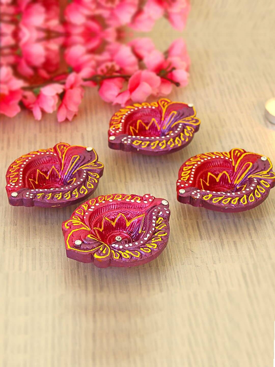 Tied Ribbons Set of 4 Red & Violet Textured Terracotta Diyas - Distacart