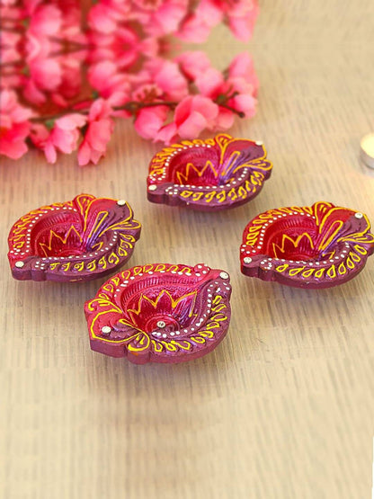 Tied Ribbons Set of 4 Red & Violet Textured Terracotta Diyas - Distacart