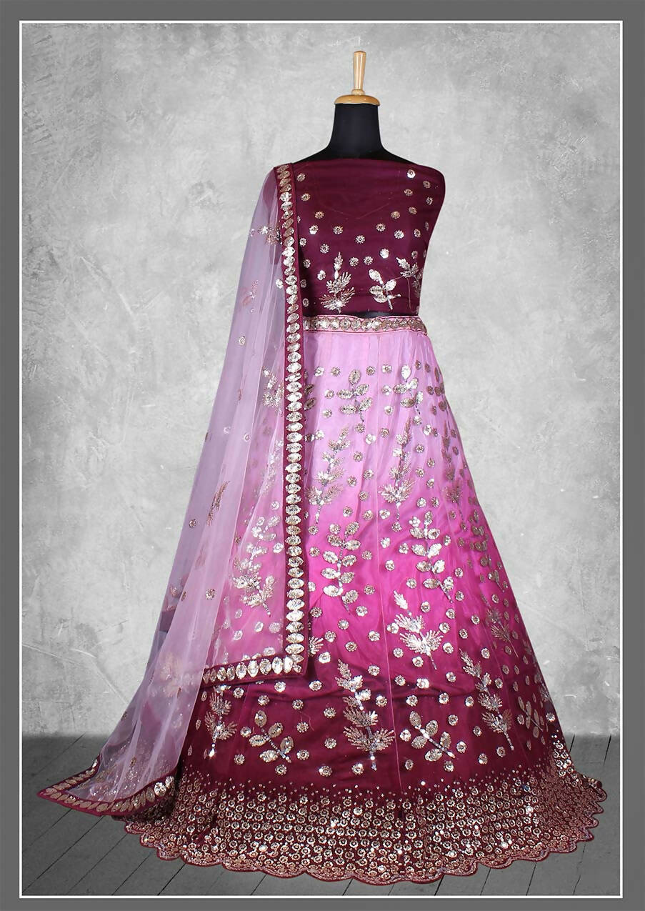 Purple Net Floral Sequins And Cord Embroidery, Cut Work Semi-Stitched Lehenga Choli - Nimaya Kangan - Distacart