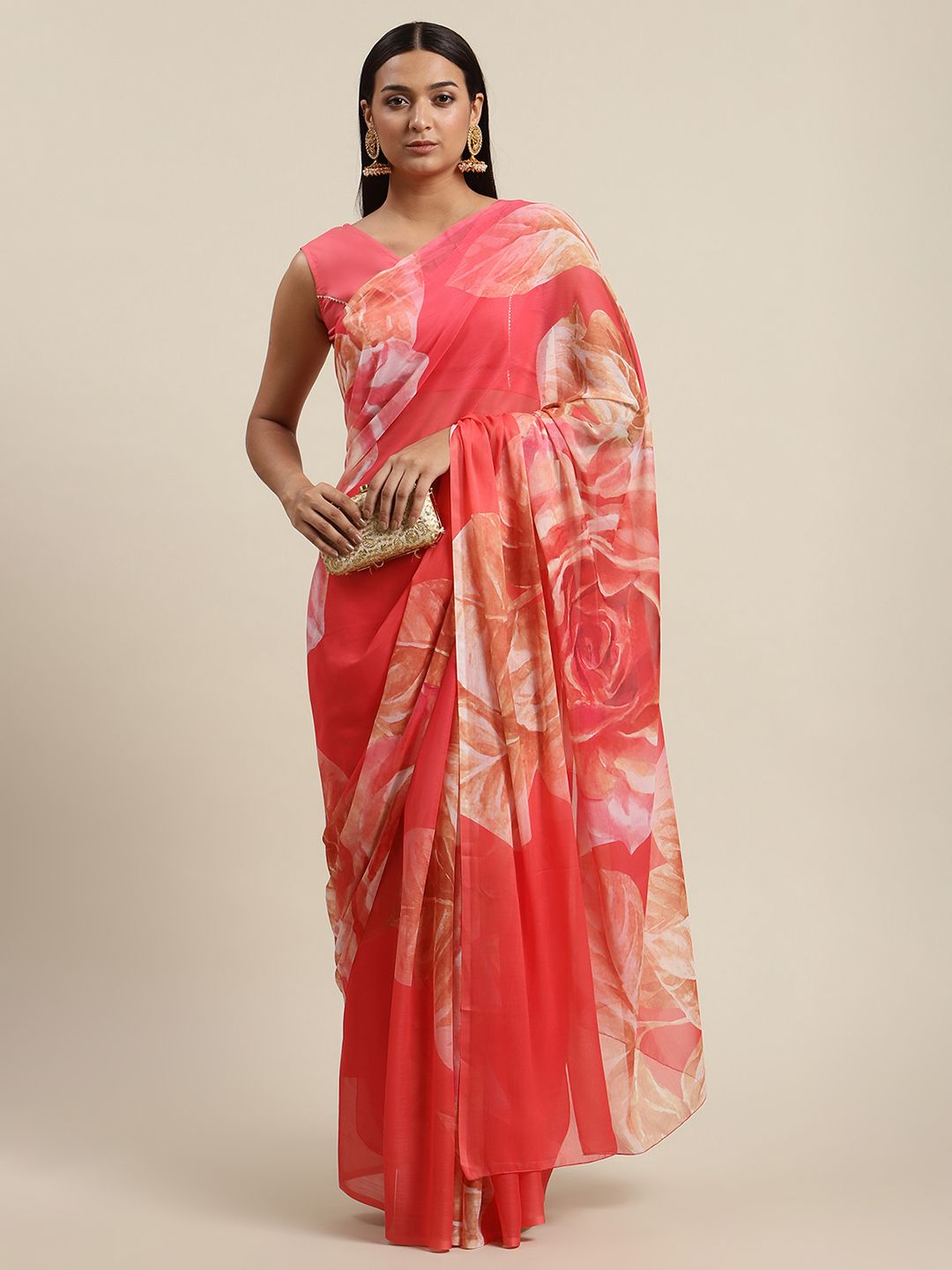 Ahalyaa Women's Pink Colour Chiffon Digital Print Floral Saree - Distacart