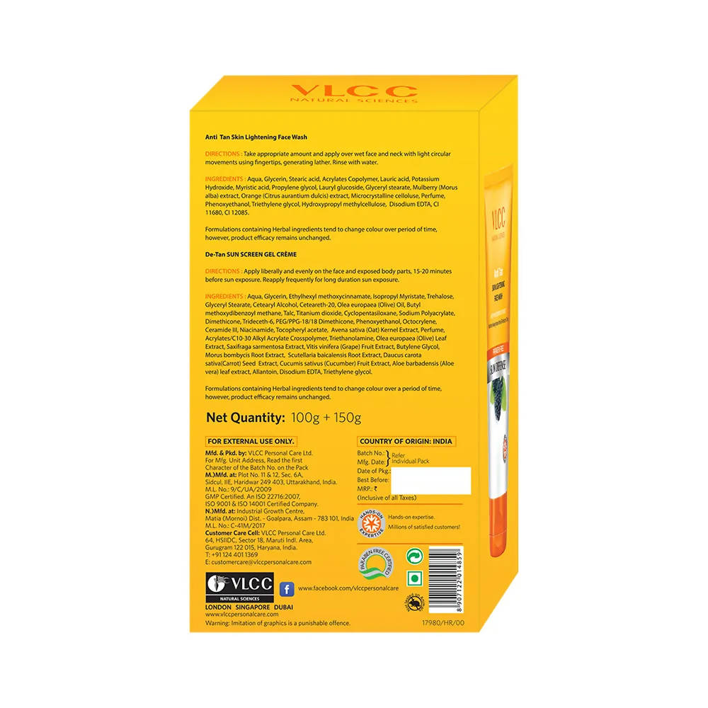 VLCC Anti Tan Face Wash & De Tan SPF 50 Sun Screen Gel Creme Combo - Distacart