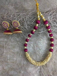 Thumbnail for Dark Pink with White Beads Silk Threaded Necklace Set and Earrings
