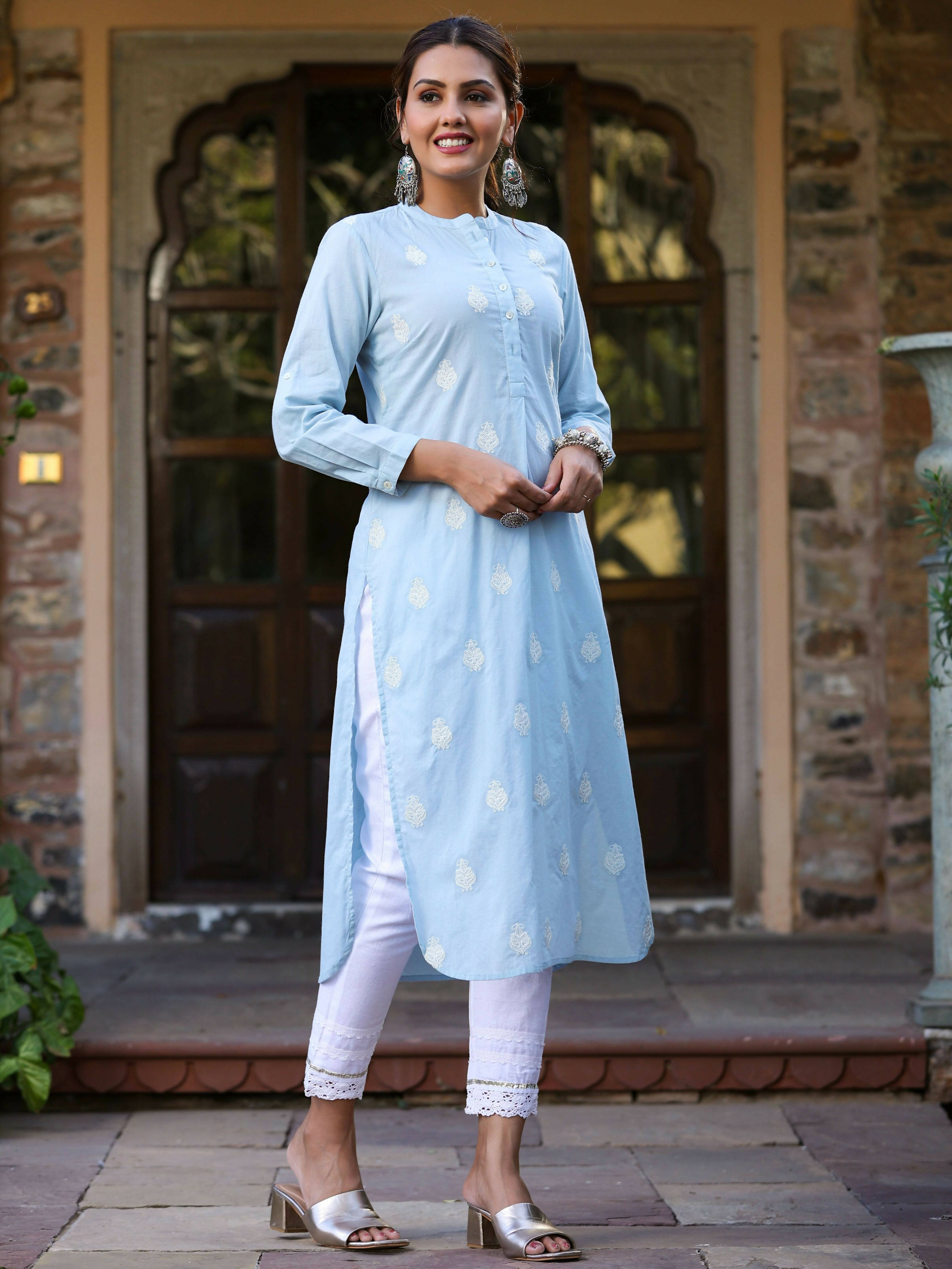 Juniper Women's Blue Cambric Embroidered Straight Kurta - Distacart