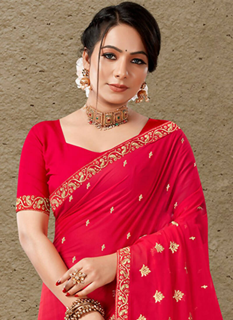 Red Georgette Embroidered Saree with Unstitched Blouse Piece - Avika - Distacart