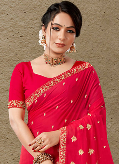 Red Georgette Embroidered Saree with Unstitched Blouse Piece - Avika - Distacart