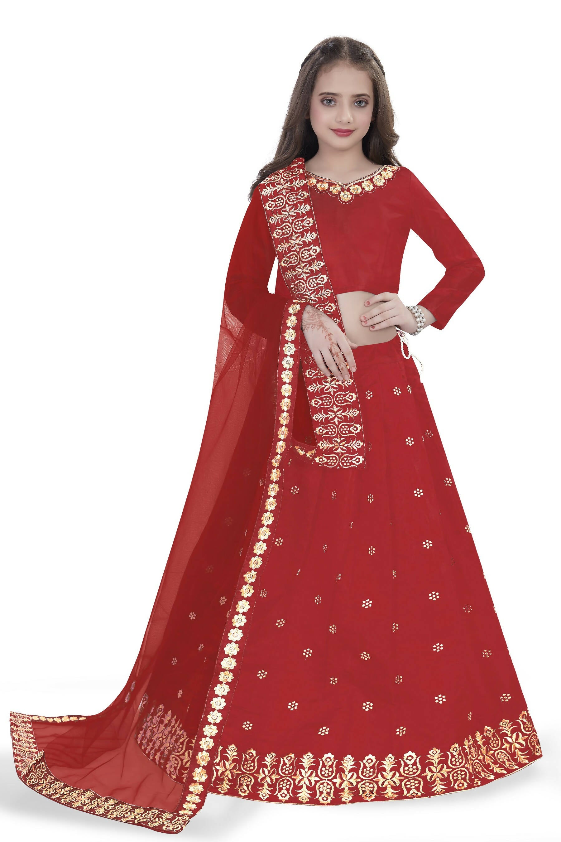 Dwiden Red Queen Tafetta Sattin Semi-Stitched Girl's Lehenga Choli - Distacart