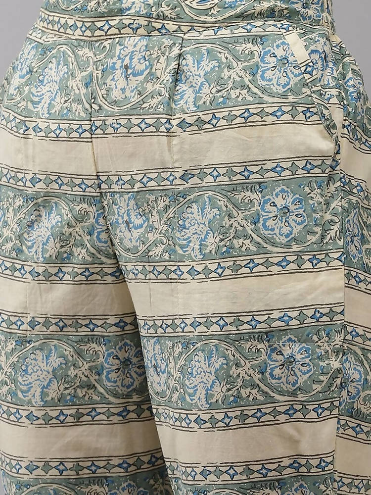 Yufta Women Beige Floral Printed Regular Pure Cotton Kurta with Trouser