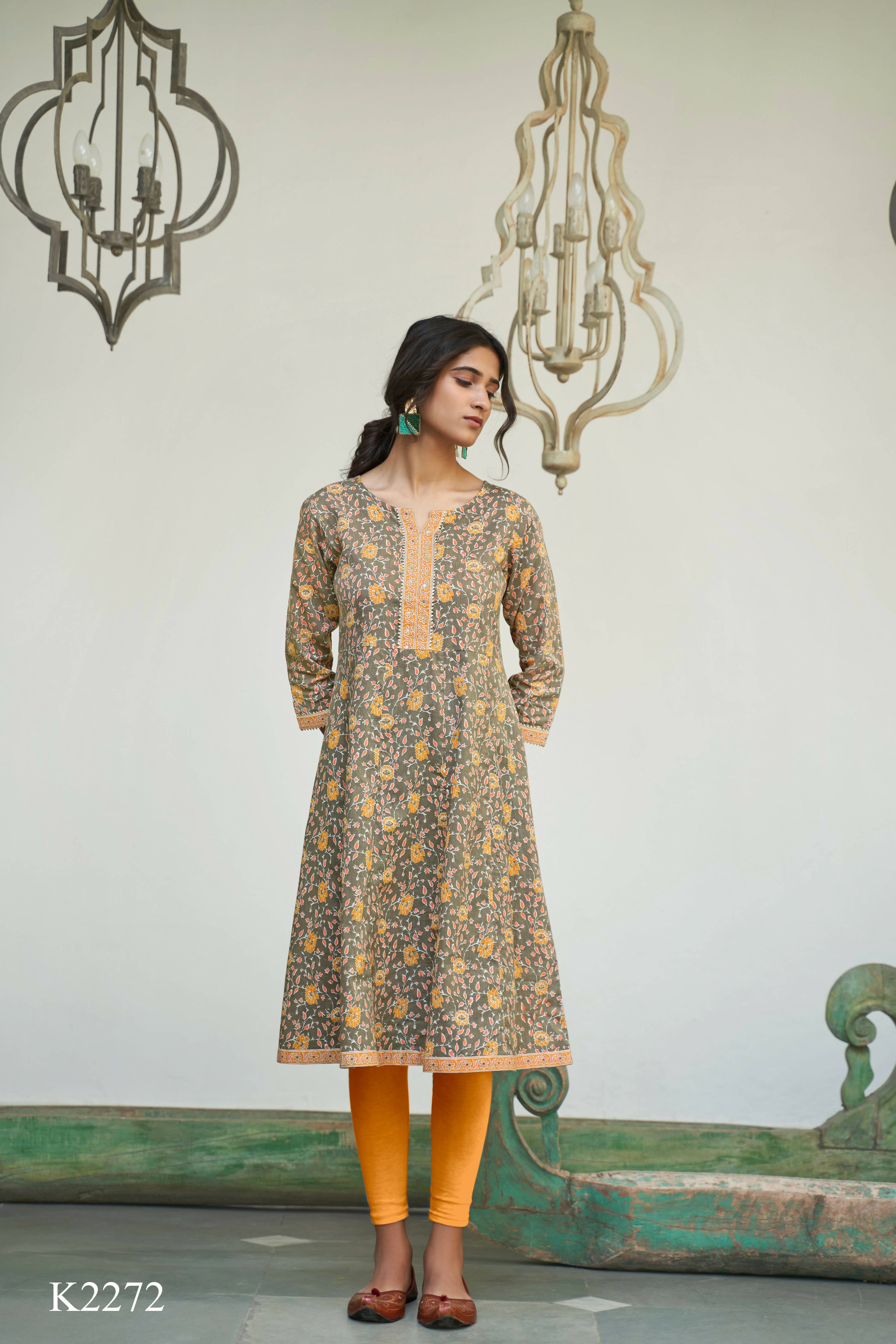 Grey Cotton Floral Printed A line Kurta - Prasuti - Distacart