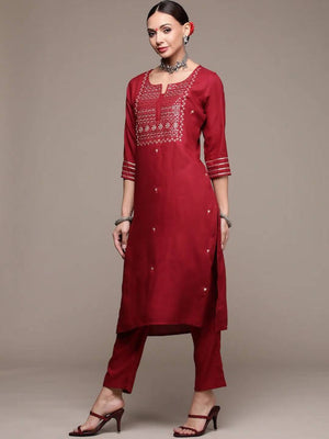 Anubhutee Maroon Floral Embroidered Mirror Work Kurta with Trousers & With Dupatta - Distacart