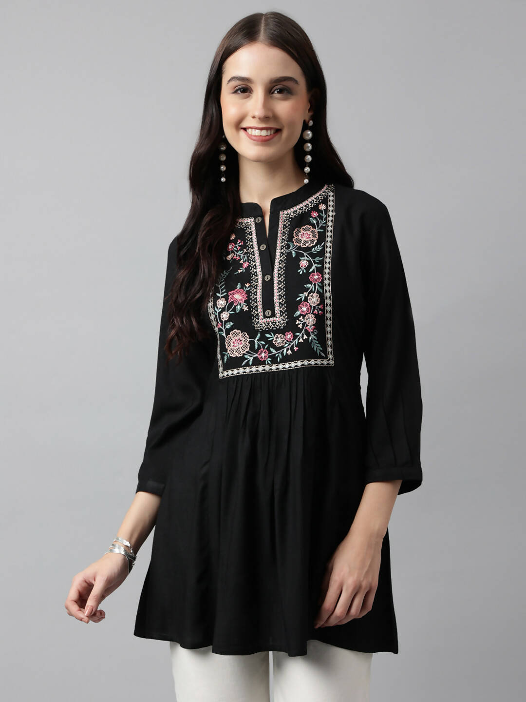 Black Rayon Yoke Embroidered A-line Top - Tarini - Distacart