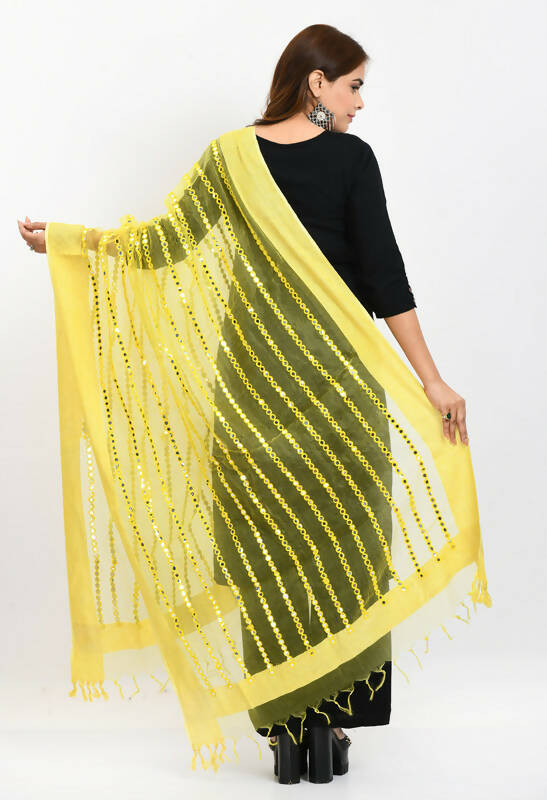 Mominos Fashion Moeza Women's Orgenza Mirror Stripe Thread Work Lemon Yellow Dupatta - Distacart