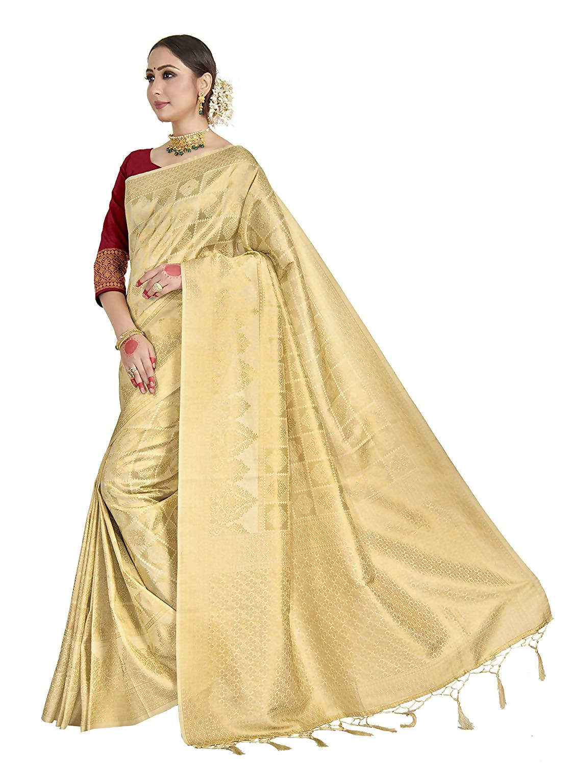 Vardha Women's Beige Kanchipuram Raw Silk Saree With Unstitched Blouse Piece