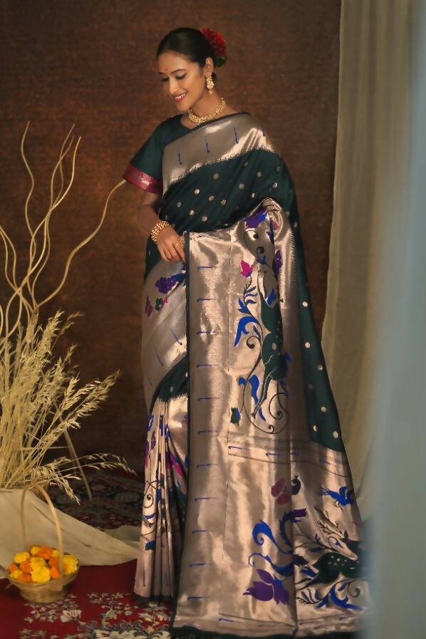 Vishnu Weaves Women's Bottle Green Paithani Silk Zari Woven Saree with Unstitched Blouse - Distacart