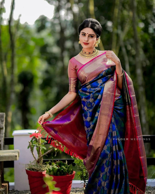 DEIANA'S Beautiful Golden Jari with New Design Soft Lichi Silk Saree - Royal Blue - Distacart