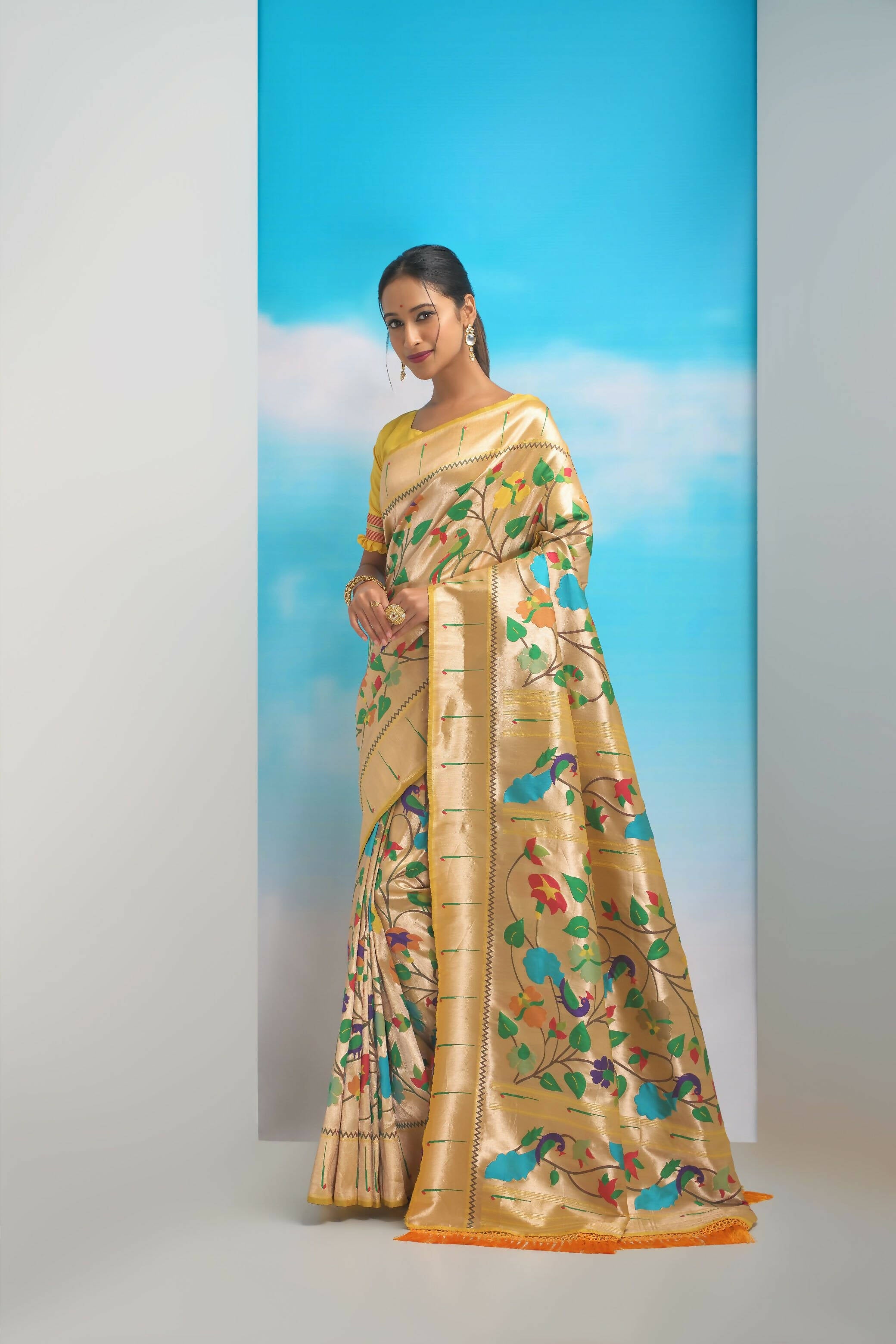 Vishnu Weaves Women's Yellow Paithani Silk Minakari Zari Woven Saree with Unstitched Blouse - Distacart