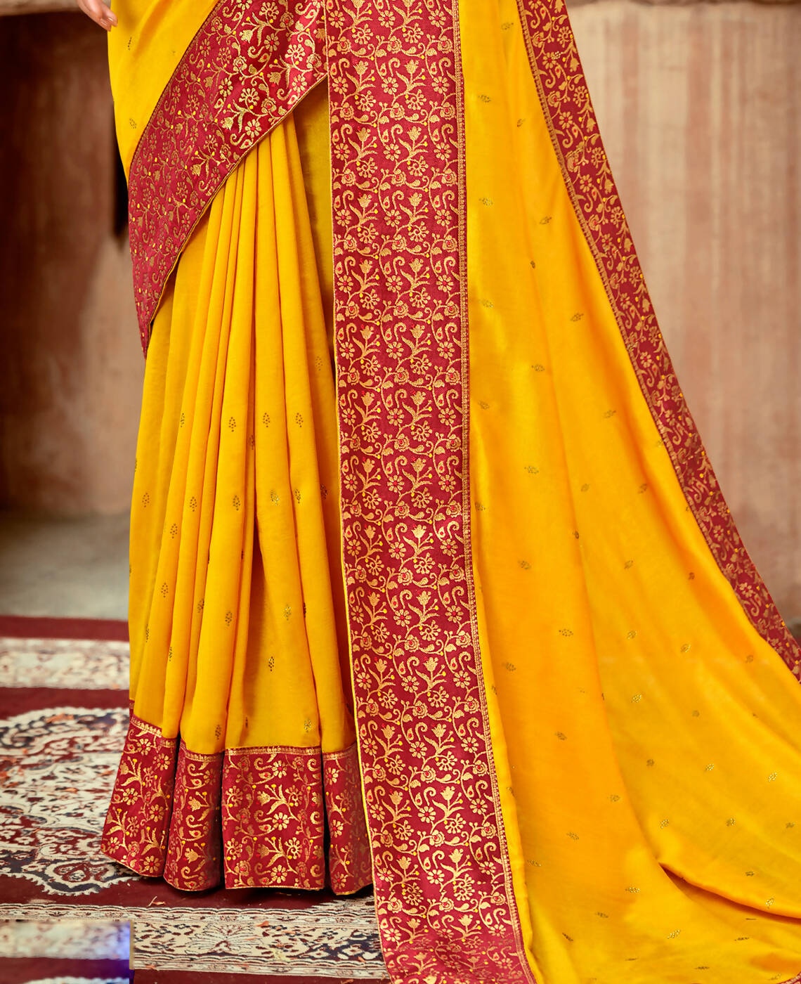 Mustard Vichitra Stone Work Saree With Unstitched Blouse Piece - Rosy - Distacart
