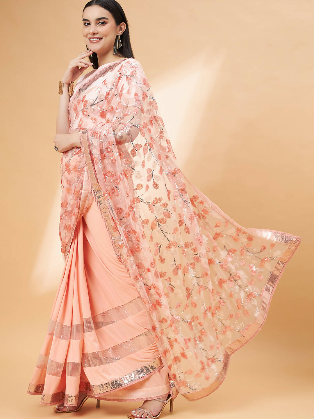 Peach Lycra Sequin Embroidery And Frills Saree - Norita Hit Design - Distacart