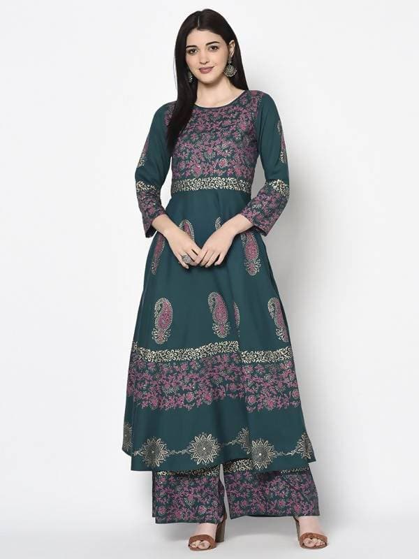 Aniyah Rayon Teal Blue Color Block Print Anarkali Palazzo Set (AN-220K)