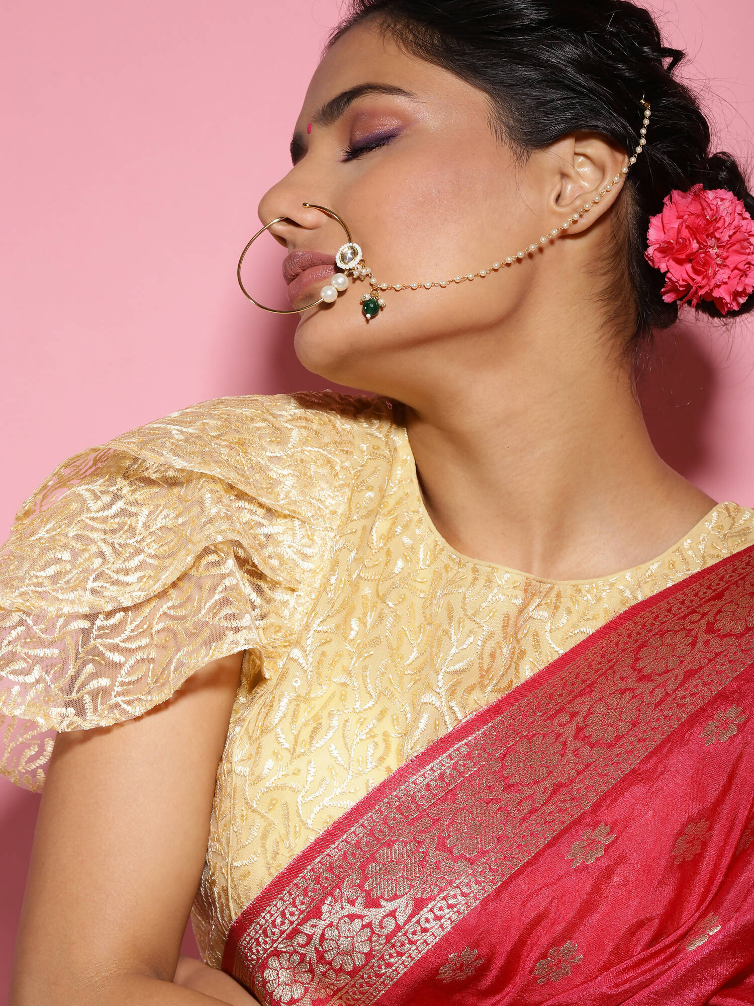 Gold-Plated White Green Kundan-Studded Pearl Beaded Nosepin - Ruby Raang - Distacart