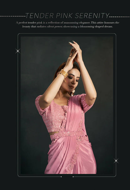 Pink Silk Crepe Georgette Cord Sequence & Thread Embroidered & Stone Work Saree - Moh-Manthan Royal Enigma - Distacart