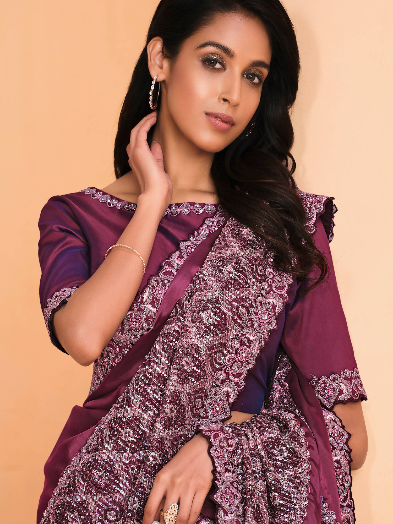 Maroon Satin Crepe Silk Sequence Embroidered Saree With Unstitched Blouse - Mohmanthan Yavanika - Distacart