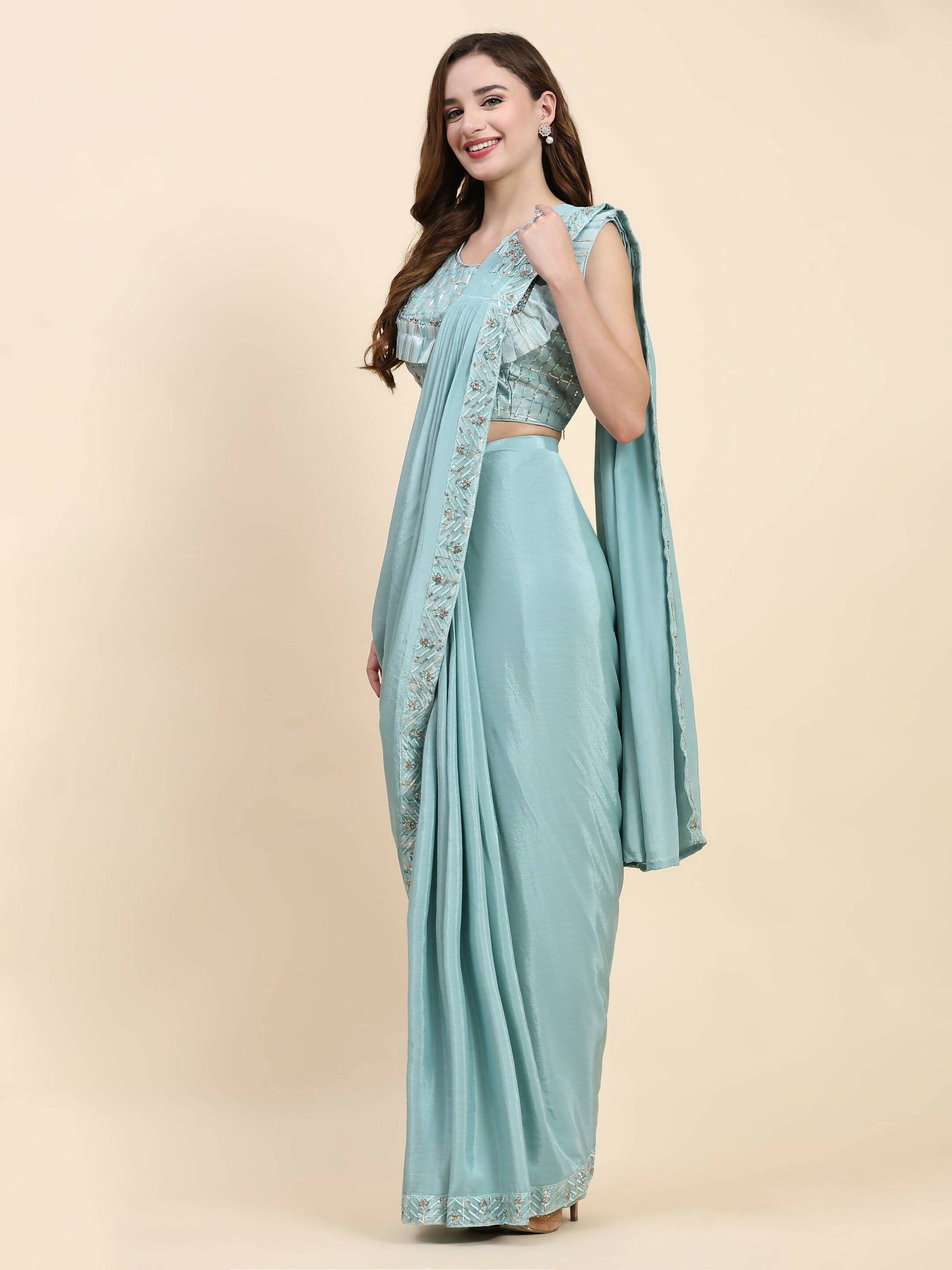 Sky Blue Silk Satin Solid Ready to wear Saree with stitched Blouse - Satiksha - Distacart