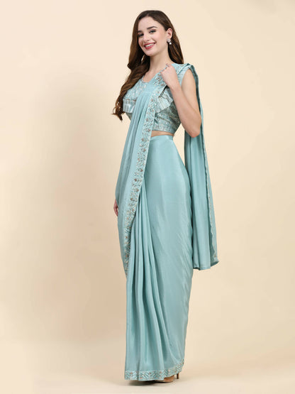 Sky Blue Silk Satin Solid Ready to wear Saree with stitched Blouse - Satiksha - Distacart