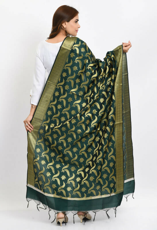 Mominos Fashion Moeza Women's Banarsi Silk Floral Woven Design Bottle Green Dupatta - Distacart