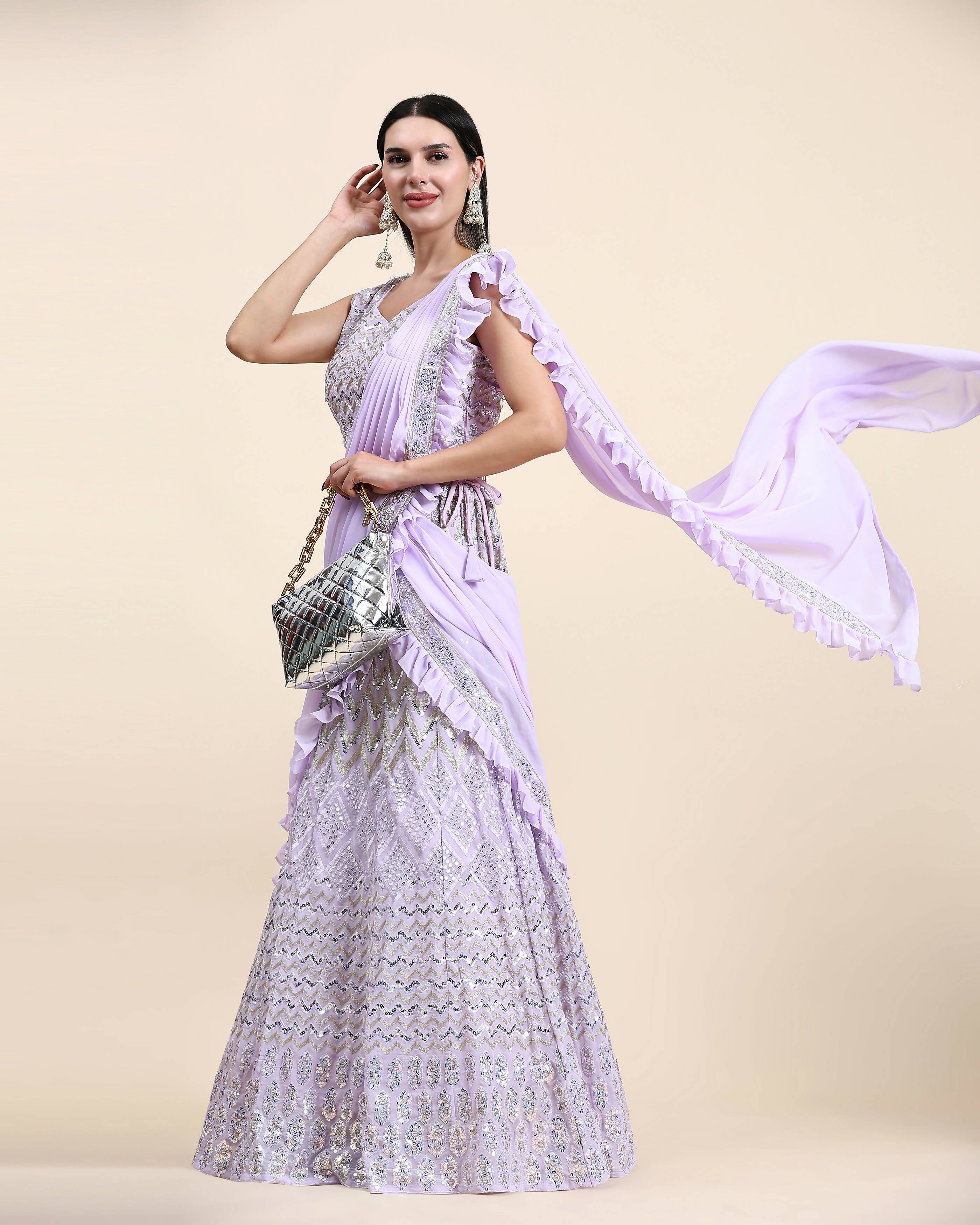 Lavender Pure Viscose Georgette Thread With Sequins Embroidery Work Lehenga Choli With Dupatta - Tanya - Distacart