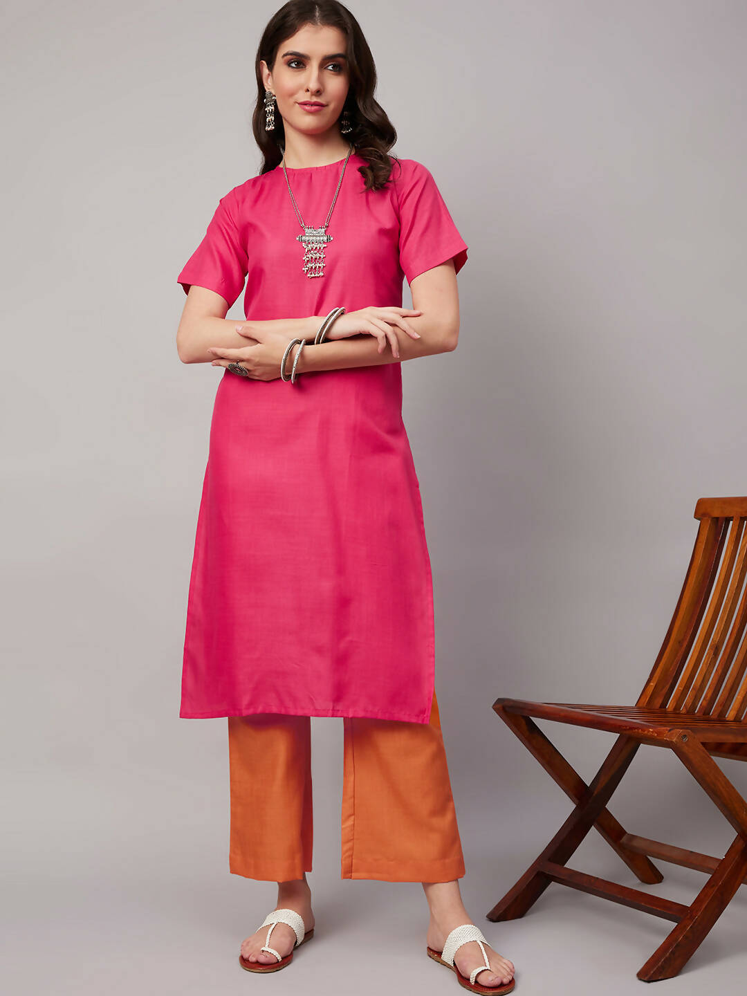 Pink Polyester solid Kurta with Palazzos - Vishwa - Distacart