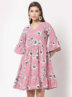 Thumbnail for Myshka Women's Pink Poly Crepe Printed Bell Sleeve Round Neck Dress