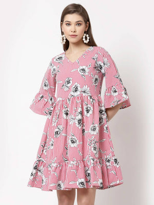 Myshka Women's Pink Poly Crepe Printed Bell Sleeve Round Neck Dress
