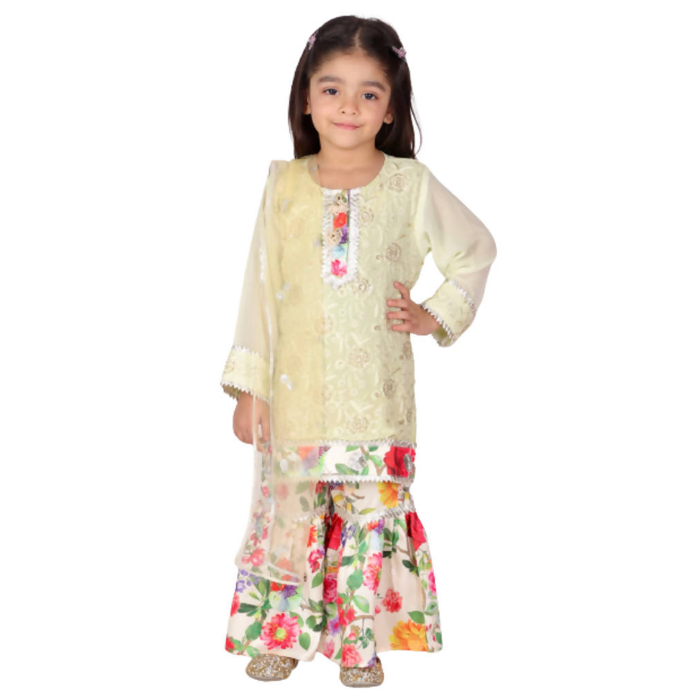 Little Bansi Pista Green and yellow Color Rose Floral Embrodiery Kurta with Floral Sharara
