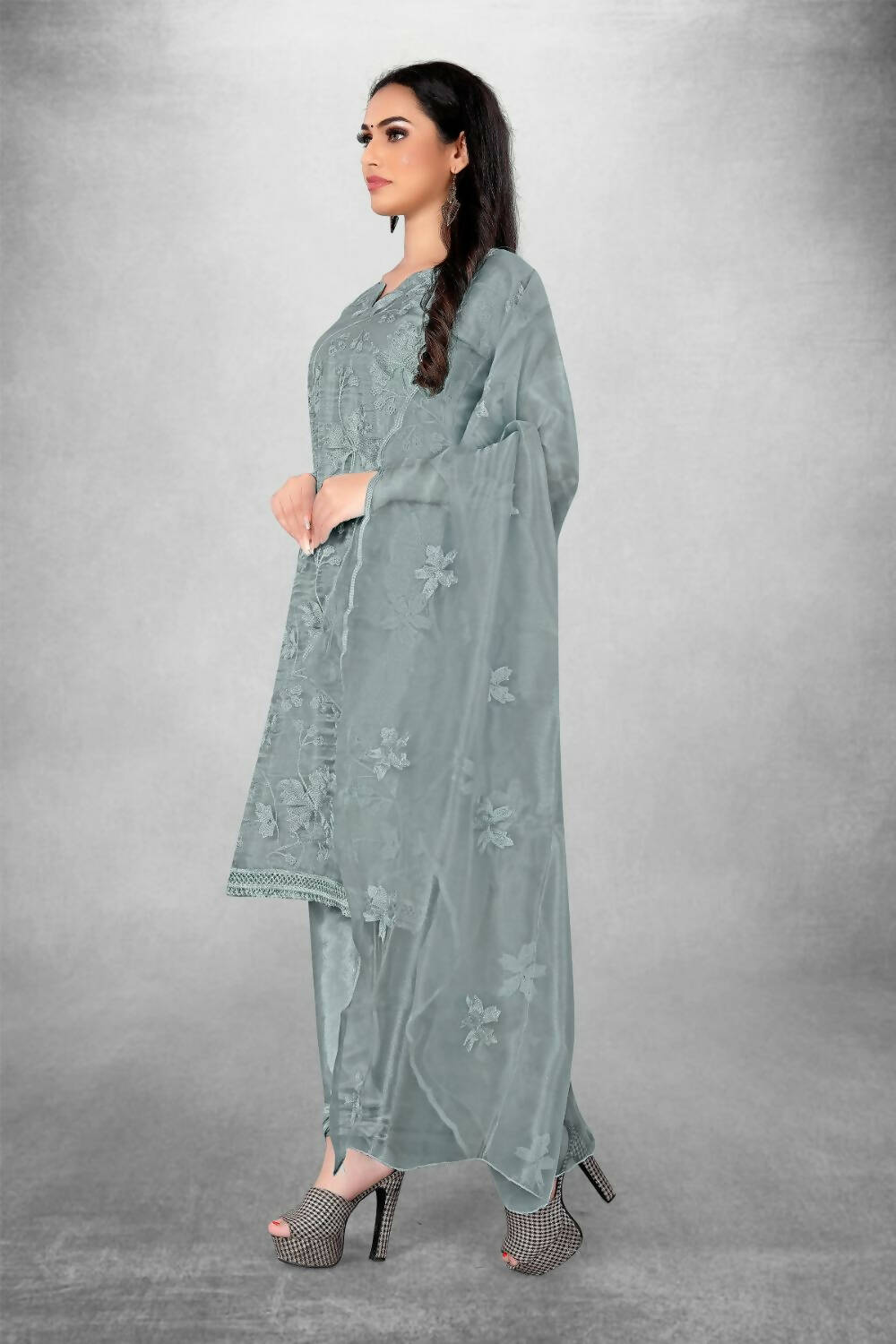 Grey Heavy Organza Silk Embroidered Unstitched Dress Material - Amara - Distacart