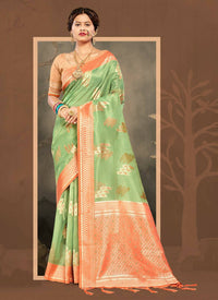 Thumbnail for Sea Green Cotton Zari Woven Design Saree with Unstitched Blouse Piece - Aachal - Distacart