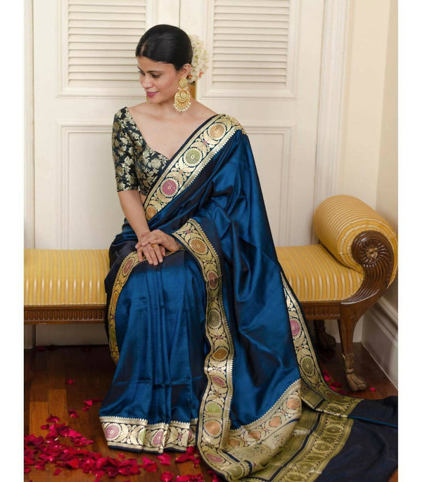 DEIANA'S Beautiful Golden Jari with New Design Soft Lichi Silk Saree - Blue - Distacart