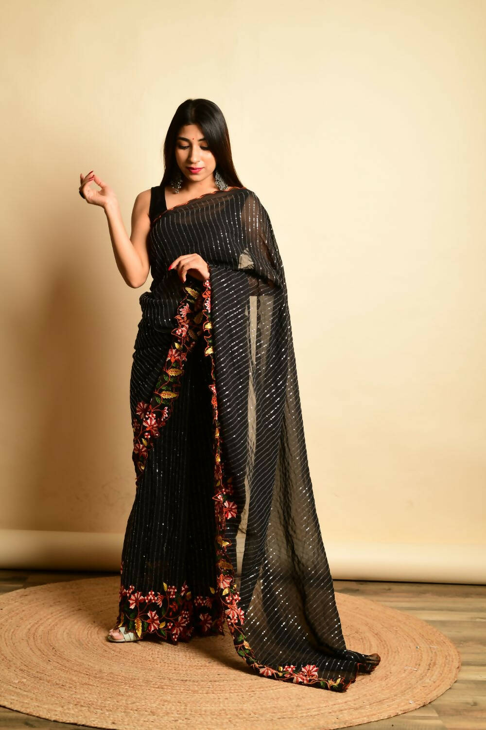 Vastrasky Black Georgette Designer Saree - Distacart