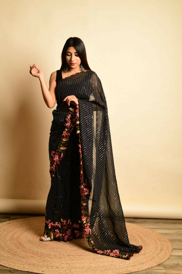 Vastrasky Black Georgette Designer Saree - Distacart