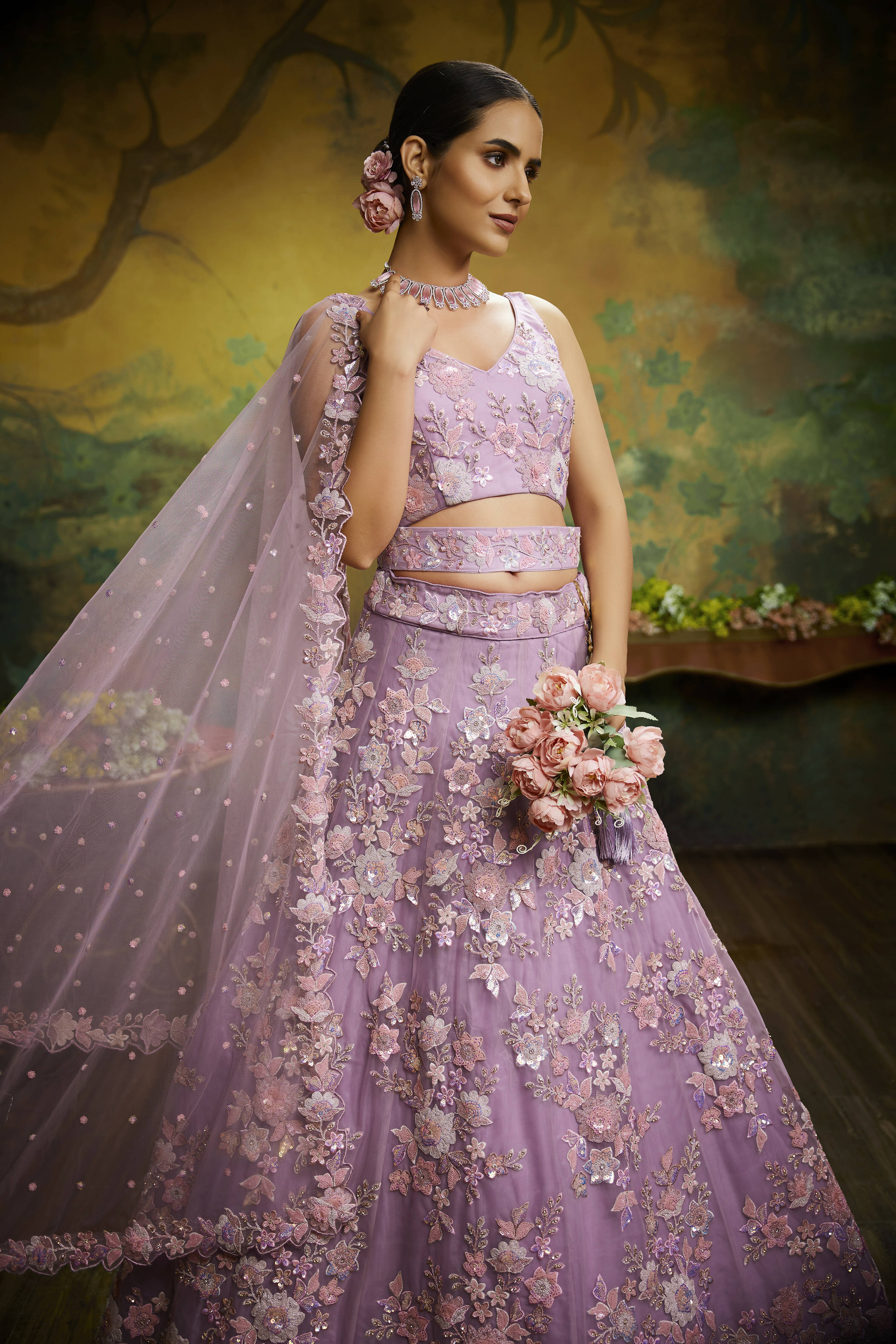 House of Panchhi Mauve Net Sequins with heavy Zarkan embroidery Lehenga choli & Dupatta - Distacart
