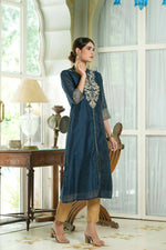 Thumbnail for Juniper Blue Chanderi Festive Embroidered Polka Dot Printed A-Line Kurta For Women - Distacart